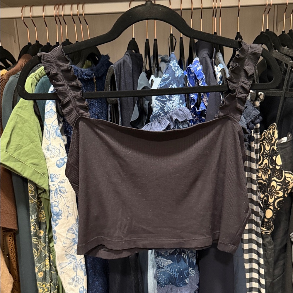 Aritzia Black Ruffled Strap Crop Top